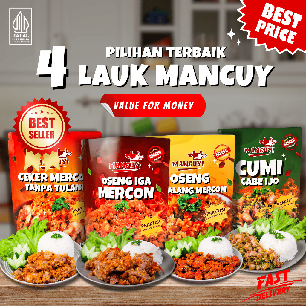 

Mancuy - Paket Bundling 4pack - Lebih Hemat - Oseng Iga Mercon - Ceker Mercon - Oseng Cakalang Mercon - Cumi Ijo