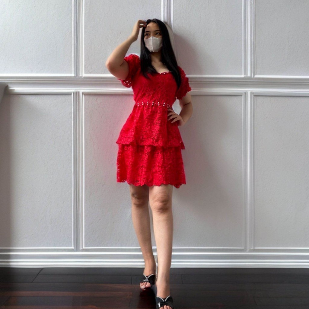 Dress Brokat Pesta Elegant Dress Rample Mutiara Sexy Dress Natal Remaja Pakaian Wanita Glamour Vina