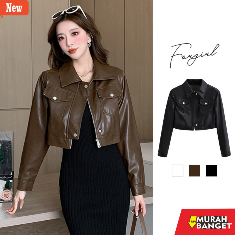 jaket kulit wanita hijab Jaket Wanita Crop Dua Saku Kancing Depan / Crop Korean Style