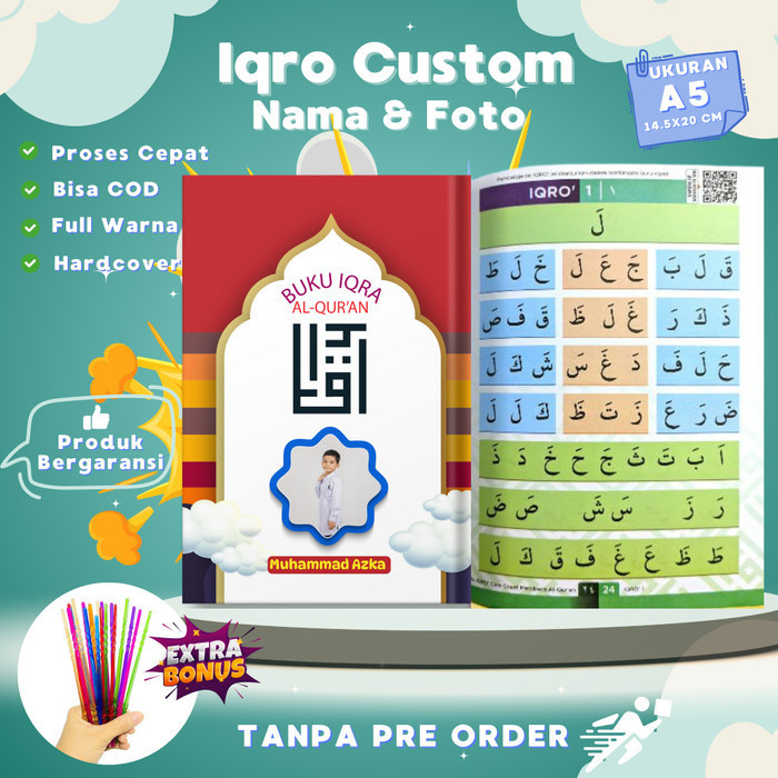 Iqro Custom Nama Anak Berwarna Custom Hard Cover | Iqro Anak Gratis Tulis Nama dan Foto Hard Cover