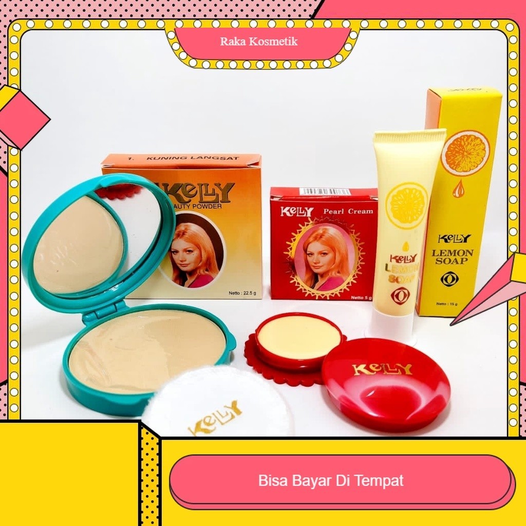Paket 3 in 1 Kelly - Pearl Cream 5gr - Bedak Compact Beauty- Lemon Soap 15gr Original BPOM