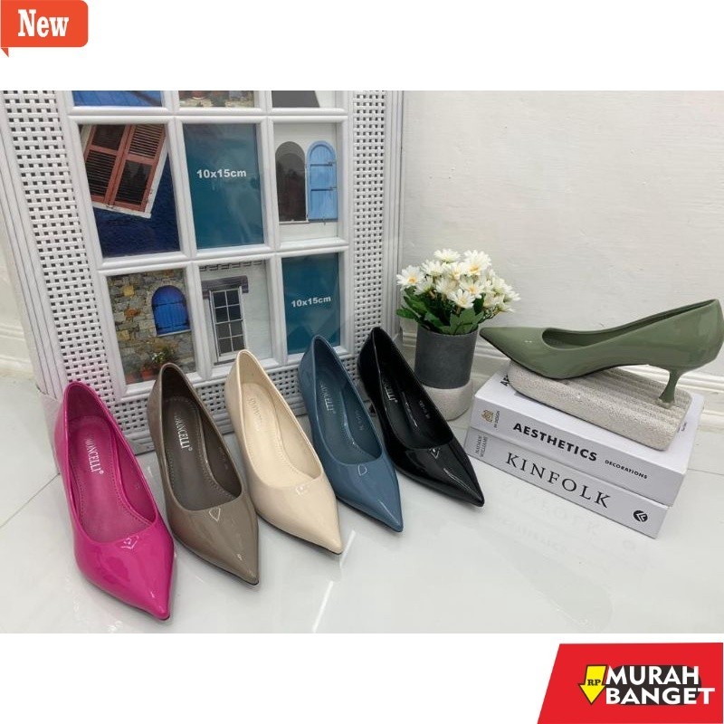 shopee haul sepatu heels wanita Simoncelli Sepatu Wanita Heels 6 Cm Polos Glossy Sepatu Kerja Hitam 