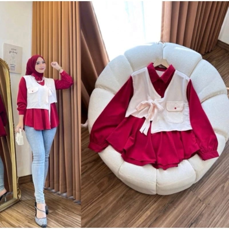 Atasan Kemeja Blouse Kombinasi Merah Putih Baju Kemerdekaan Spesial Agustusan 2024 Terbaru By Dizzah