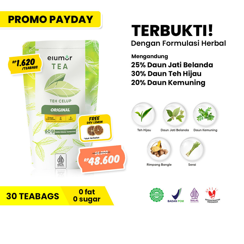 

ELUMOR TEA ORIGINAL ISI 30 KANTONG - Dengan Kandungan Daun Teh Hijau / Daun Kemuning / Biji Adas / Minuman Bebas Gula