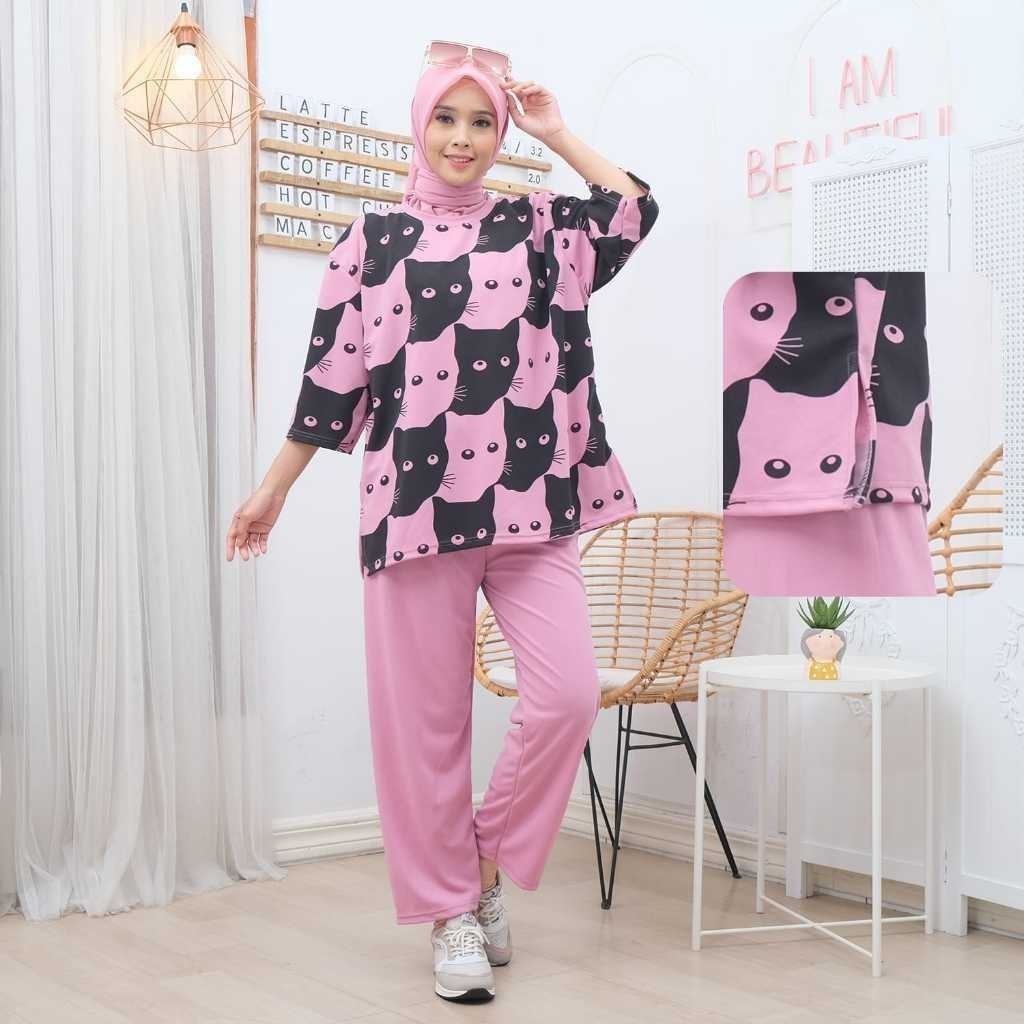 Zeivor - ZSO SETELAN MOTIF WANITA LULU / ONE SET BLACK CAT / SETELAN JUMBO MOTIF BLACK CAT / ONE SET