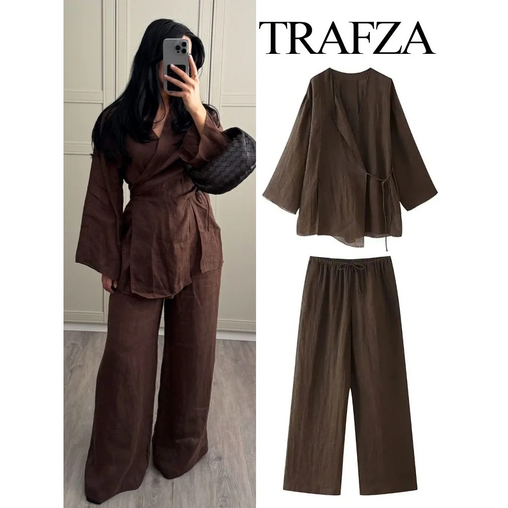 

TRAFZA Women's Summer Fashion Linen Solid Color Shirt Set Belted Cardigan Kimono Top + High Waist Women's Pleated Pants 2-piece