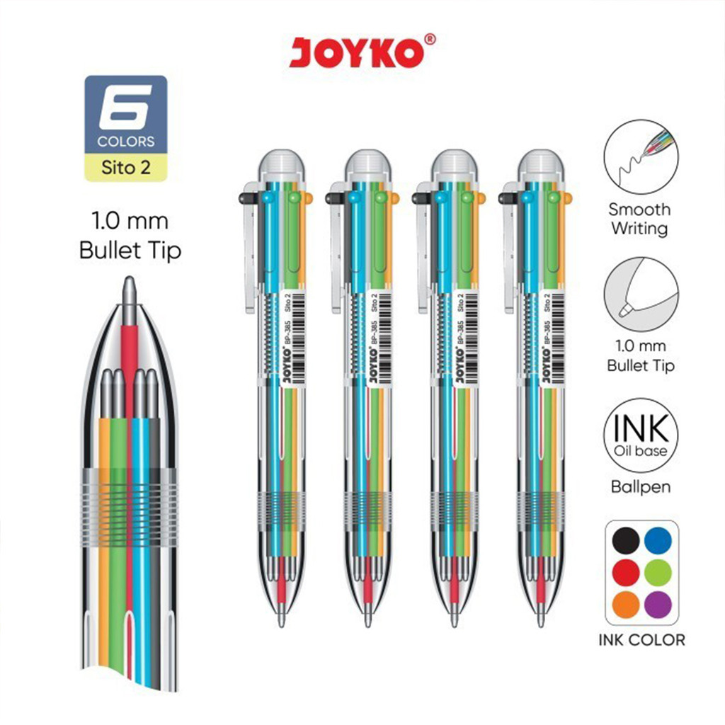 

Joyko Pulpen Sito 2 BP-385 1 Pcs 6 Warna / Ballpoint Bolpen Pena Hitam Biru Merah Hijau