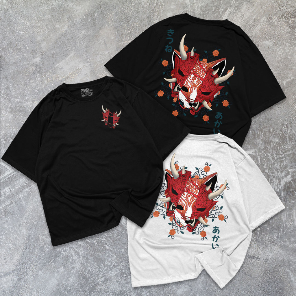 Fregi Kaos Oversize ONI KITSUNE T-Shirt Cowok Premium Kaos Pria Lengan Pendek Jumbo