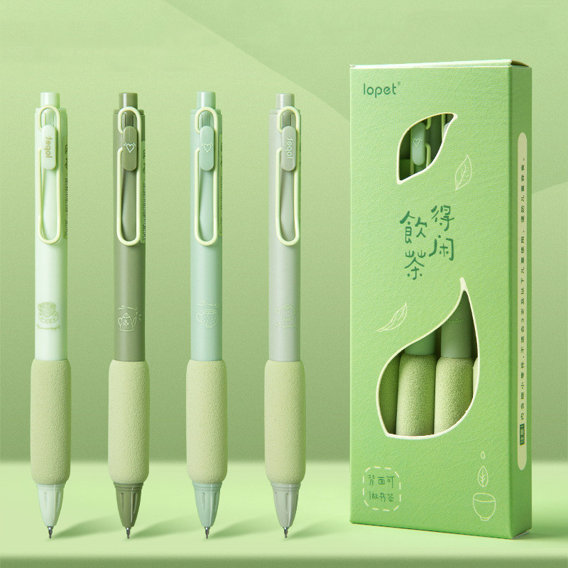 

4PCS/Pack Green Tea Gel Pen Set 0.5mm Writing Pen Soft Touch Holder Ballpoint Pen Black Color Ink Gel Pens Office School Supply