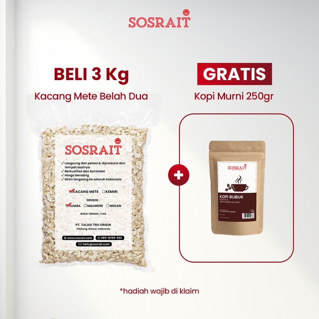 

Sosrait Kacang Mete Belah Dua Sumba 3 Kg FREE Kopi Bubuk Murni Bali 250 gram