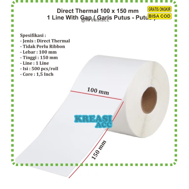 

(MAT) Kertas Label Sticker Barcode Thermal 100 x 150 mm 1 Roll Isi 500 A930