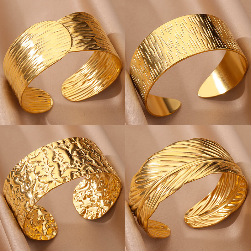 

Stainless Steel Wide Bangles for Women Luxury Gold Color Open Chunky Cuff Bangle Bracelet femme Vintage Wedding Jewelry Gift