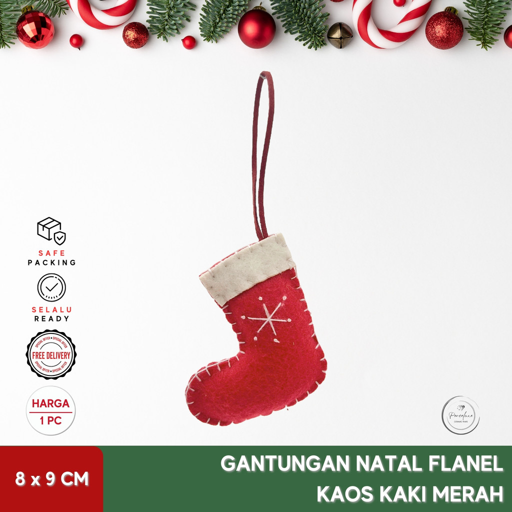 Gantungan Natal Kain Flanel Isi Dakron Kaos Kaki Mini Warna Merah Putih Ukuran 8 x 9 cm Sock Socks K