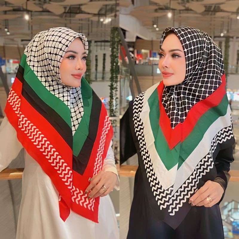 BOSS.hijab// jilbab voal segi4 motif PALESTIN/ DENAY / VZ kw  lasercut printing premium ukuran 110x1