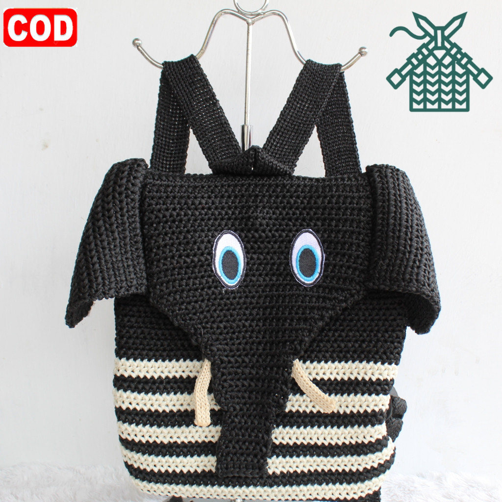 Tas gendong rajut karakter gajah TERBARU / ransel anak rajut murah / tas punggung rajutan anak laki 
