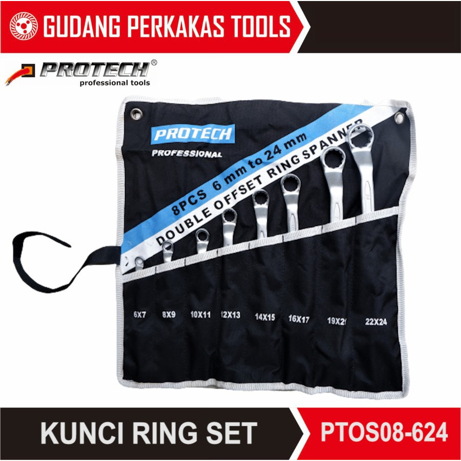 PROTECH77 kunci ring set 8 pcs ukuran 6-24mm (6x7mm, 8x9mm, 10x11mm, 12x13mm, 14x15mm, 16x17mm, 19x2