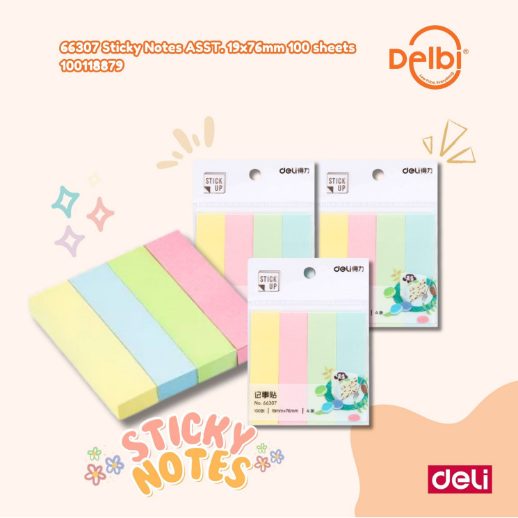 

Deli Index Tab / Penanda / Pembatas Halaman Warna Pastel 100 Lembar 66307" 66307 Sticky Notes ASST. 19x76mm 100 sheets