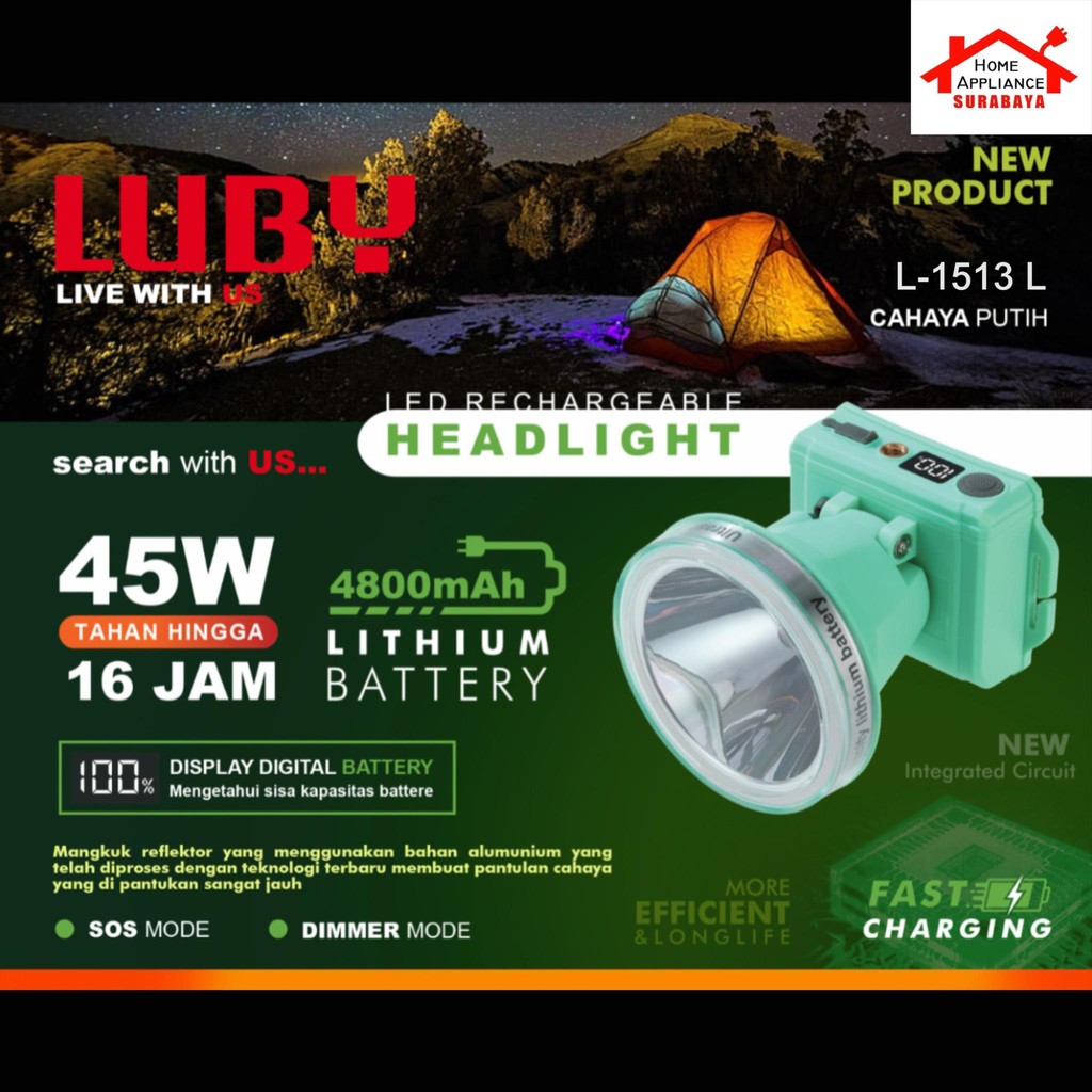 LUBY Senter kepala Cas LED 45W - 45 Watt 4800mAh L-1513L Cahaya Putih / L-1513K Cahaya Kuning + Lamp