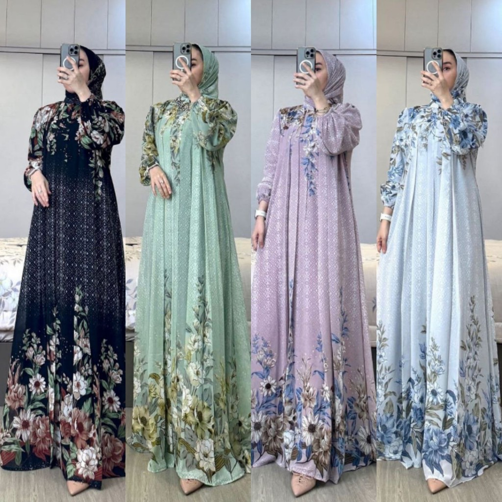Zahita Gamis Set Hijab Bahan Ceruti Motif Printing Gamis Wanita Simple Elegant Busui