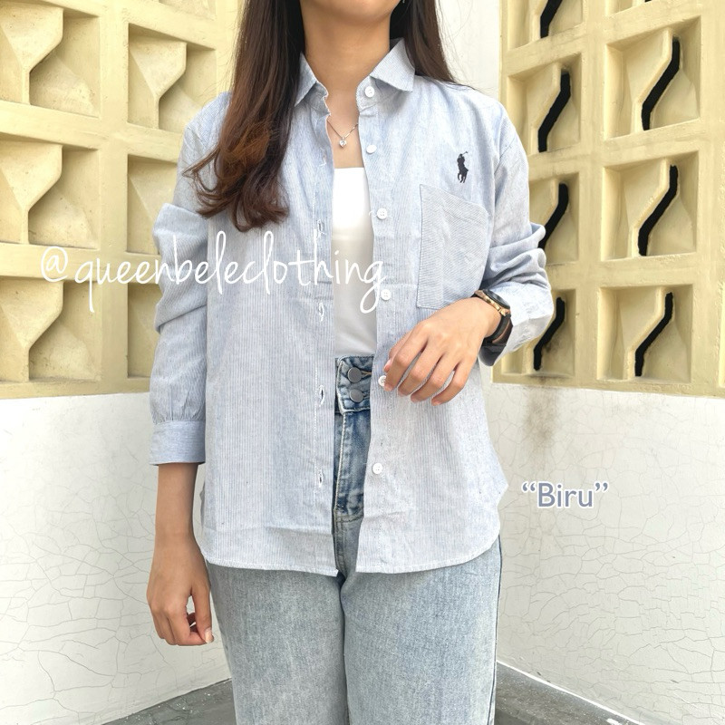 Queenbele Kemeja Cewek Polo Bordir Kemeja Cewek Lengan Panjang Salur Polo Kemeja Polo Salur Kemeja S