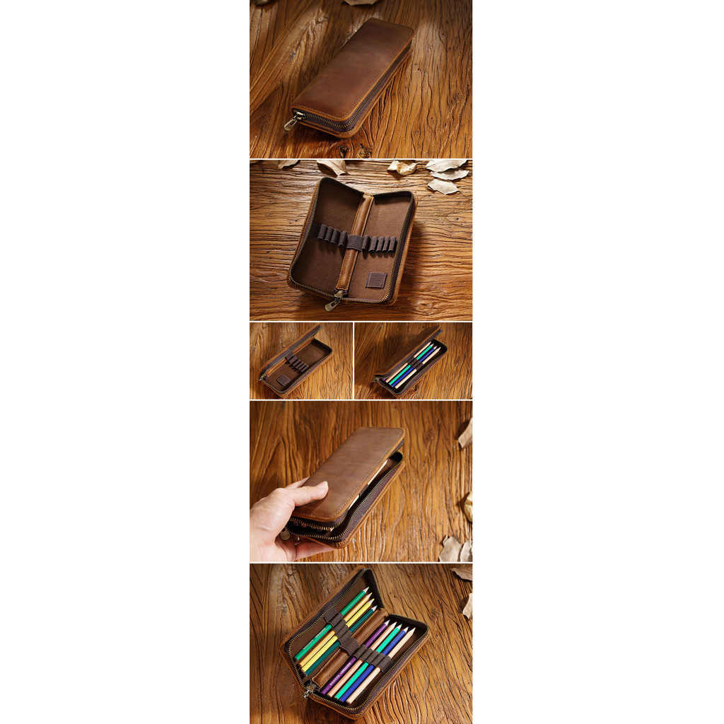

Genuine Leather Multi-functional Pencilcase with Pen Holder Organizer Zipper Pen Case Stationery