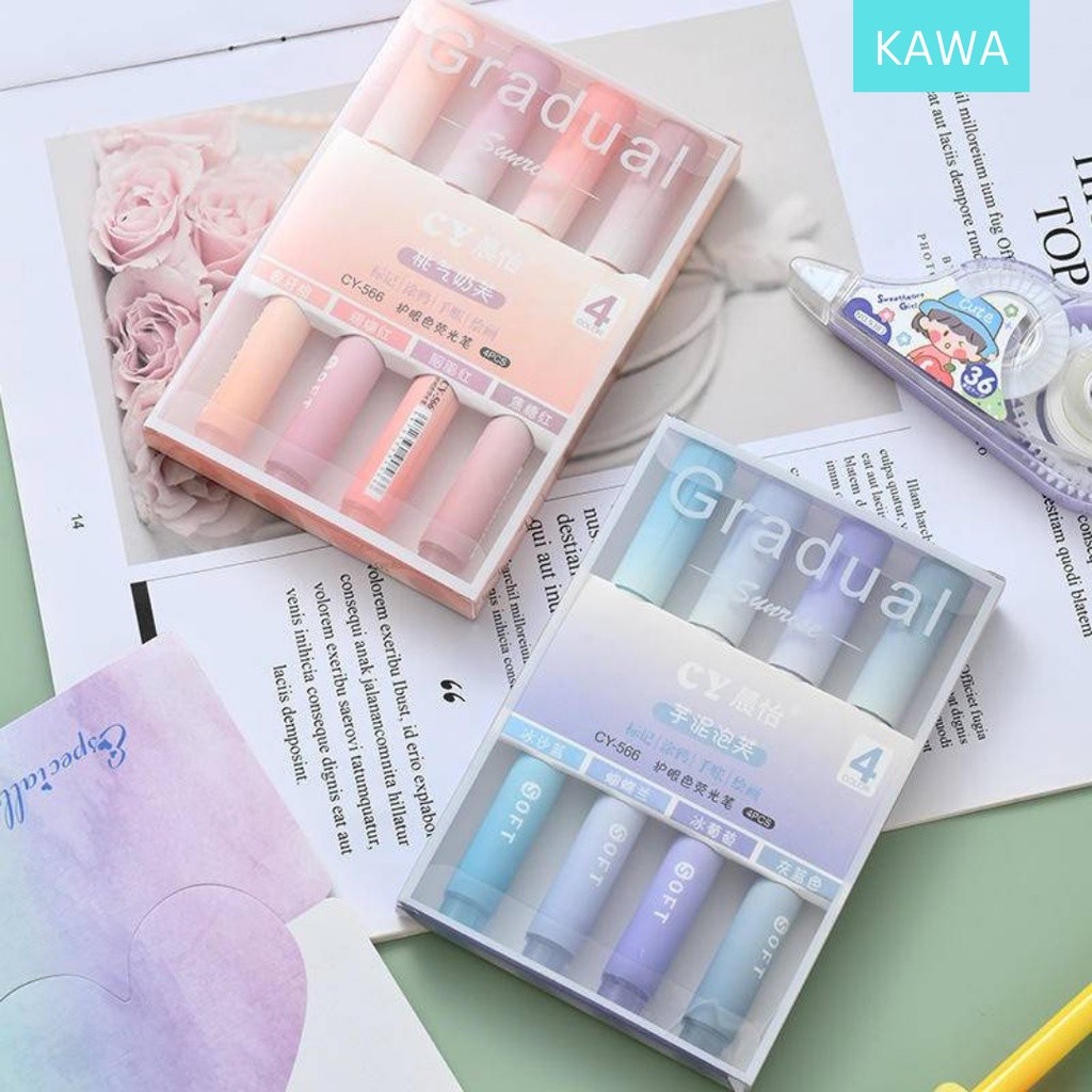 

KAWA 4Pcs/Set Pena Stabilo Kawaii Permen Warna Pastel Highlighter Lucu Aesthetic Estetik MO