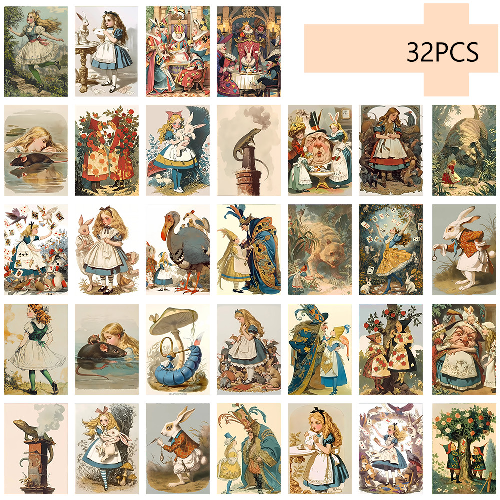 

32pcs, Vintage Alice in Wonderland Postcards, Room Decoration Stickers, Brochure Materials, Souvenirs, Collectibles and Mailing