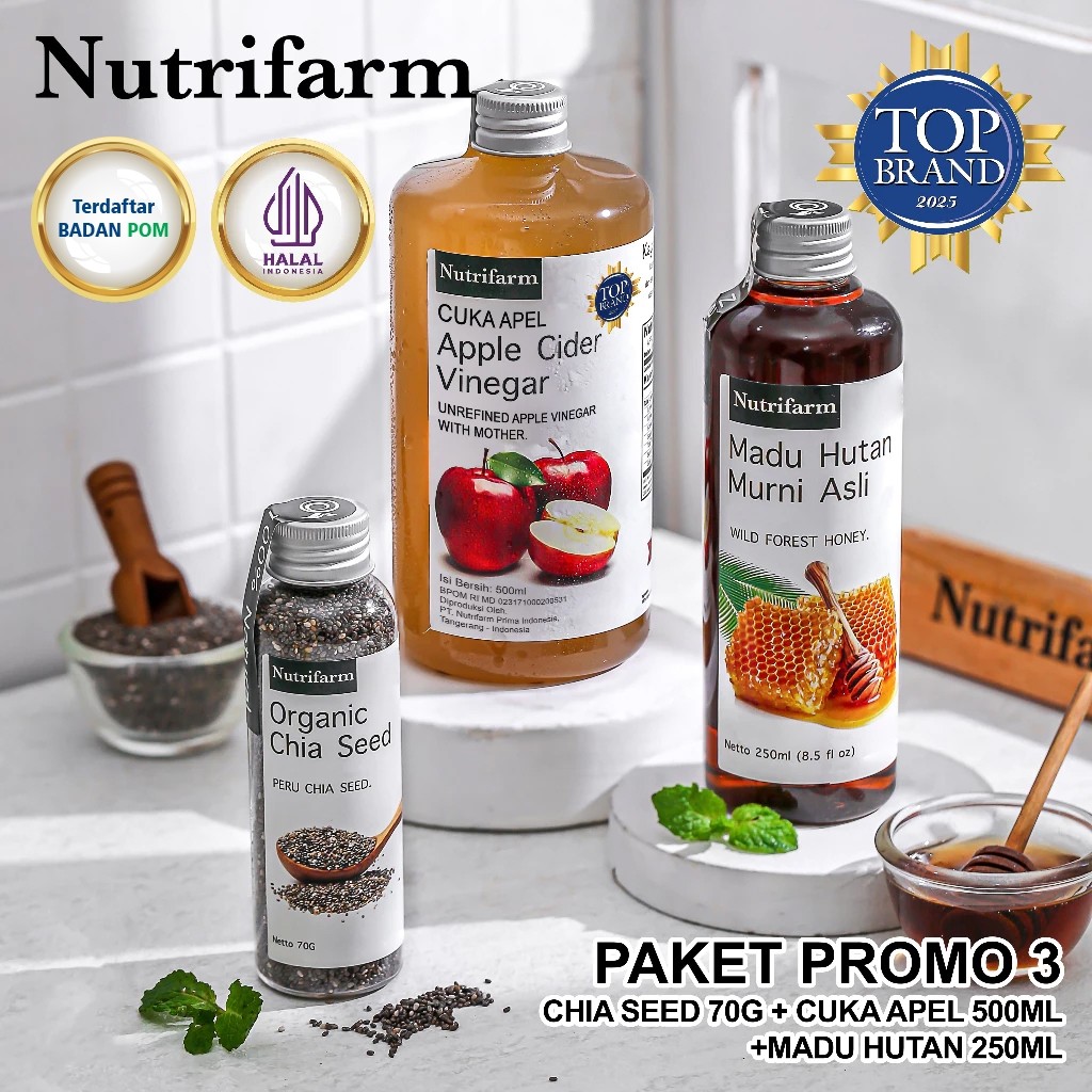 

Nutrifarm Paket Promo 3 3In1 Cuka Apel Madu Hutan Chia Seed / Cuka Apel 500 ml Madu Hutan 250 ml Chia Seed 70 gram