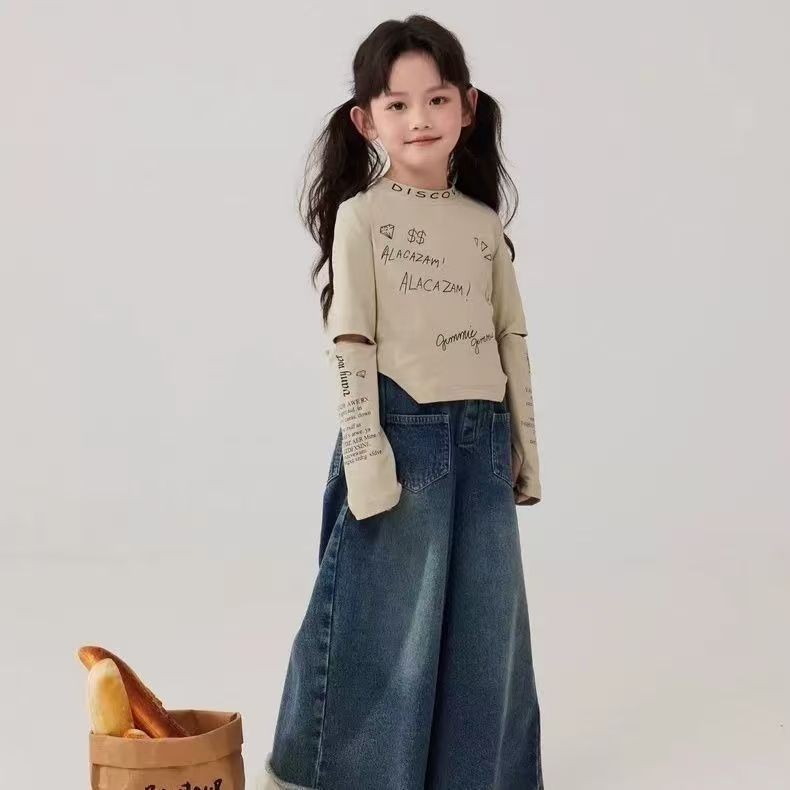 NK22WS Setelan Jeans Anak Perempuan Oneset Anak Perempuan Set Anak Cewek Lengan Panjang+Celana Jeans