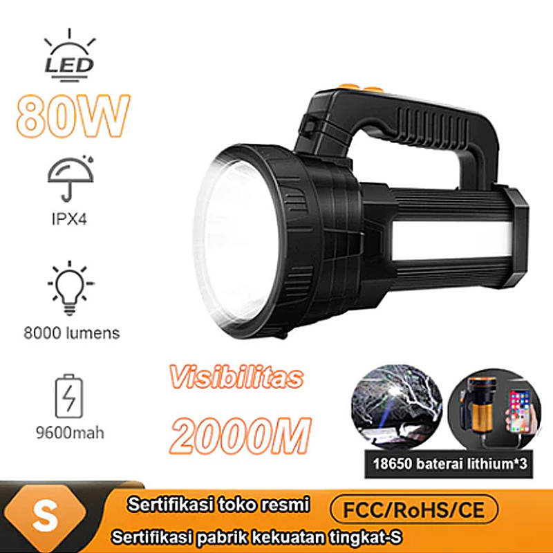 Senter LED Super Terang jumbo Multifungsi 80W IPX4 Tahan air Waterproof Power Bank lampu 8000 lumen 