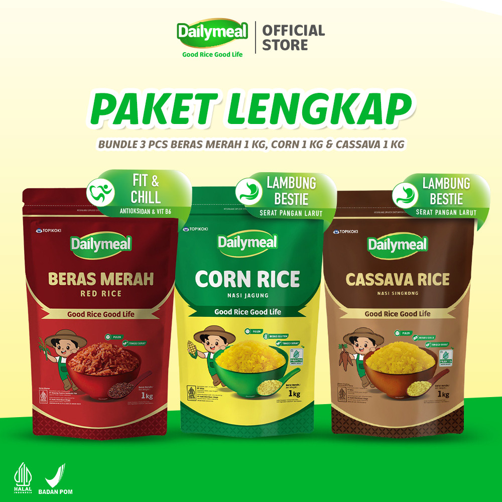 

PROMO![Paket Lengkap] Dailymeal - Corn, Cassava & Red Rice 1 kg - Semua Varian Favorit dalam Satu PaketREADY
