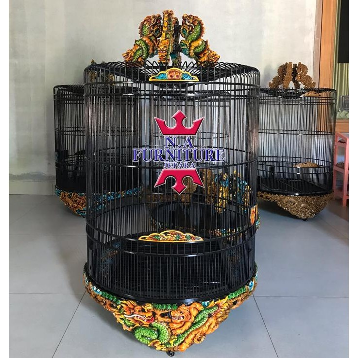 Kandang murai no2 kayu jati ukiran relif naga,sangkar murai batu kayu - No3D55 cm