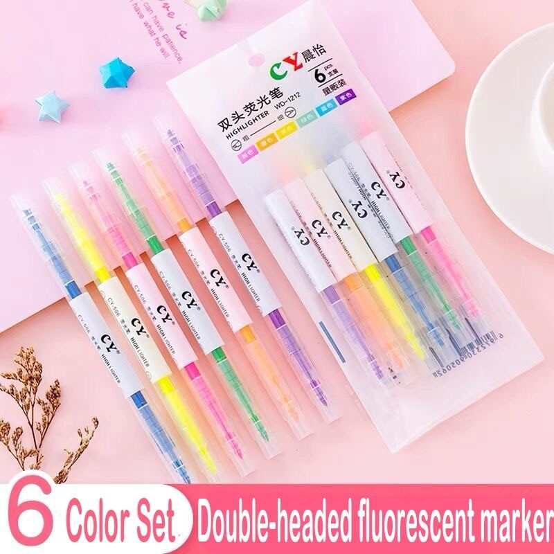 

6 Colors/Set Double Headed Highlighter Pen Fluorescent Drawing Markers Highlighters Pens Stationery Office School Supplies