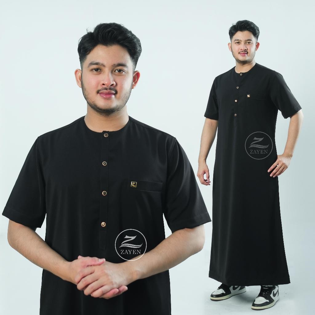 Jubah Gamis Pria Slimfit Lengan pendek jubah zayen hitam jubah pria muslim jubah tanpa kerah