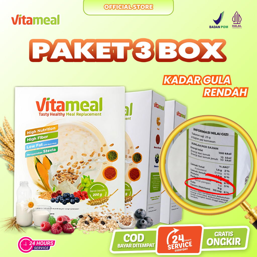 

[ BERSERTIFIKAT HALAL ] Vitameal Promo 3 Box Paket Sereal Multigrain Untuk Diabetes – Nikmati Sarapan Sehat yang Dapat Membantu Menurunkan Gula Darah, Meningkatkan Kesehatan Jantung, dan Mengontrol Kolesterol Secara Alami Tanpa Bahan Kimia VITAMILK DIET