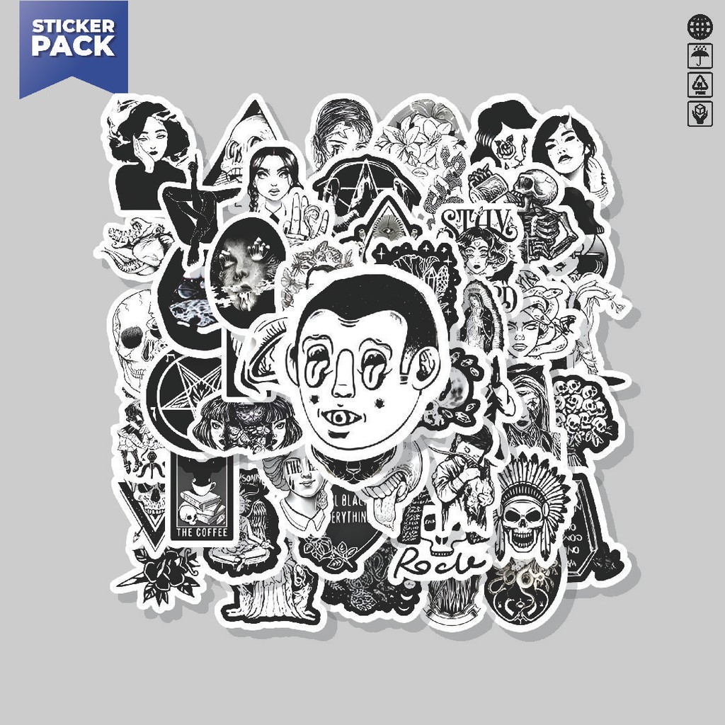 

[100PCS]Stiker Pack Stiker Black and White Punk Style Aesthetic Vinyl Anti Air Dekorasi Sticker Laptop Buku Journal Koper Helm Casing HP Gitar Helm Skateboard