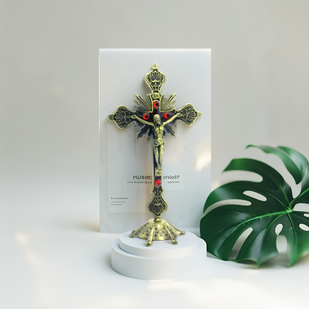 Pasti_Indah Salib Altar 24 Cm / Salib Duduk Katolik / Salib Meja / Salib Logam / Salib Meja Katolik