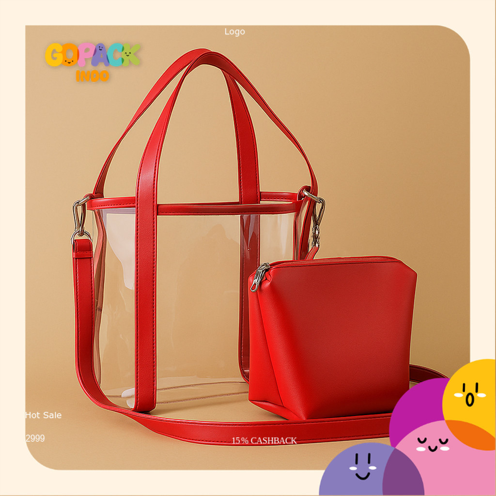 Tas Wanita 2 in 1 Set Pouch Totebag Transparan Mika Besar Tas Selempang Bahu untuk Kuliah Traveling