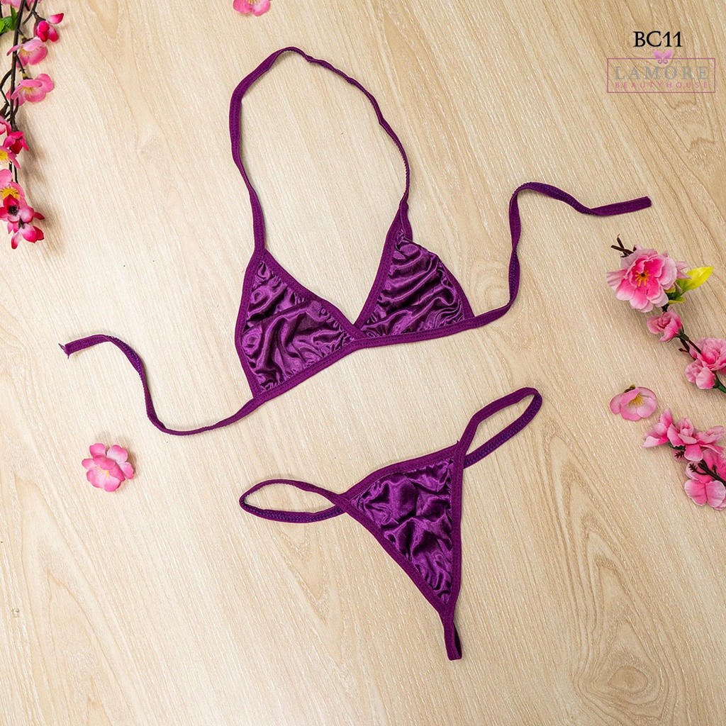 Lamore Pakaian Dalam Wanita Set Bra CD Lingerie Satin Wanita Ungu BC11A