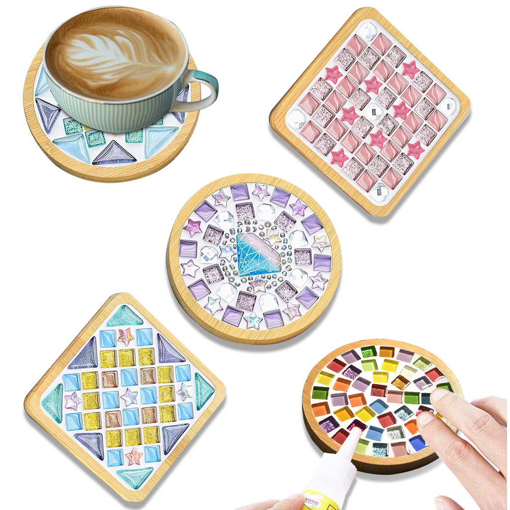 

4 Sets DIY Glass Mosaic Tiles for Crafts,Mixed Color Mosaic Kits with Wooden Coaster for Adults,Mosaic Crafts Materials