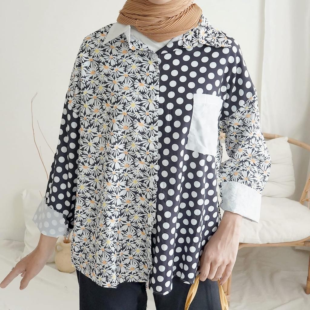 YR 3M KEMEJA 2690 TM THREE M SARABETH COMBINE SHIRT FASHION ATASAN WANITA PREMIUM ANGGUN MODIS