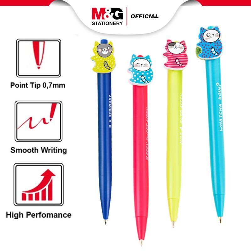

M&G Pen Retractable So Many Cat - Pulpen Cetek Lucu, Nyaman, dan Stylish Blue Ink 0.7mm 4 Warna Biru Cyan Pink Kuning Desain Menggemaskan