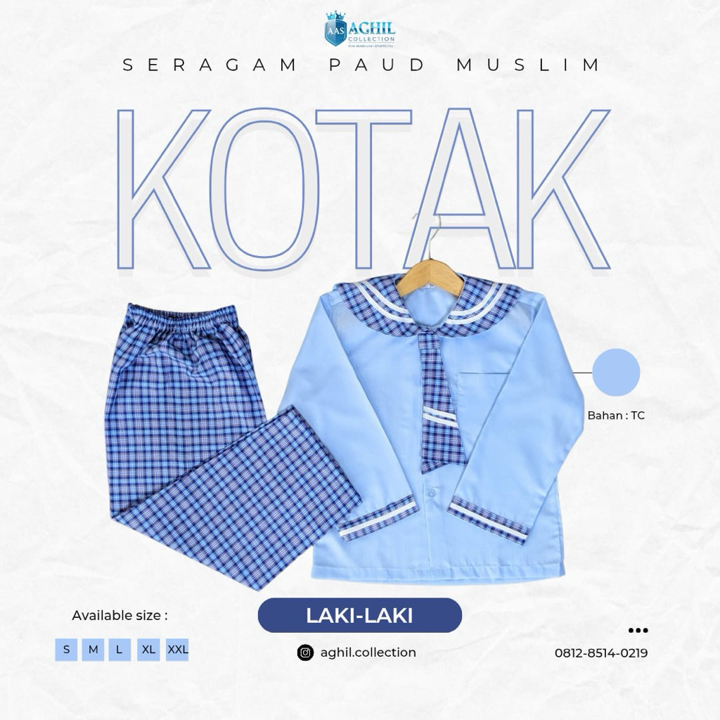 GONDANGSTORE Seragam TK/PAUD Kotak-Kotak Baju TK/PAUD AL Kotak-Kotak Biru Panjang