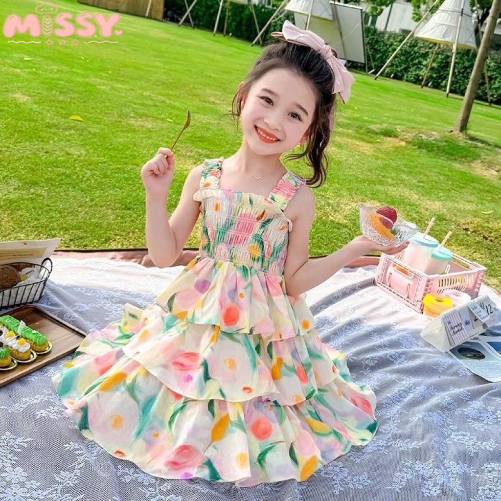 MISSY kids  Summer new style thin strap dress for girls aged 1-7 years, princess skirt for little gi