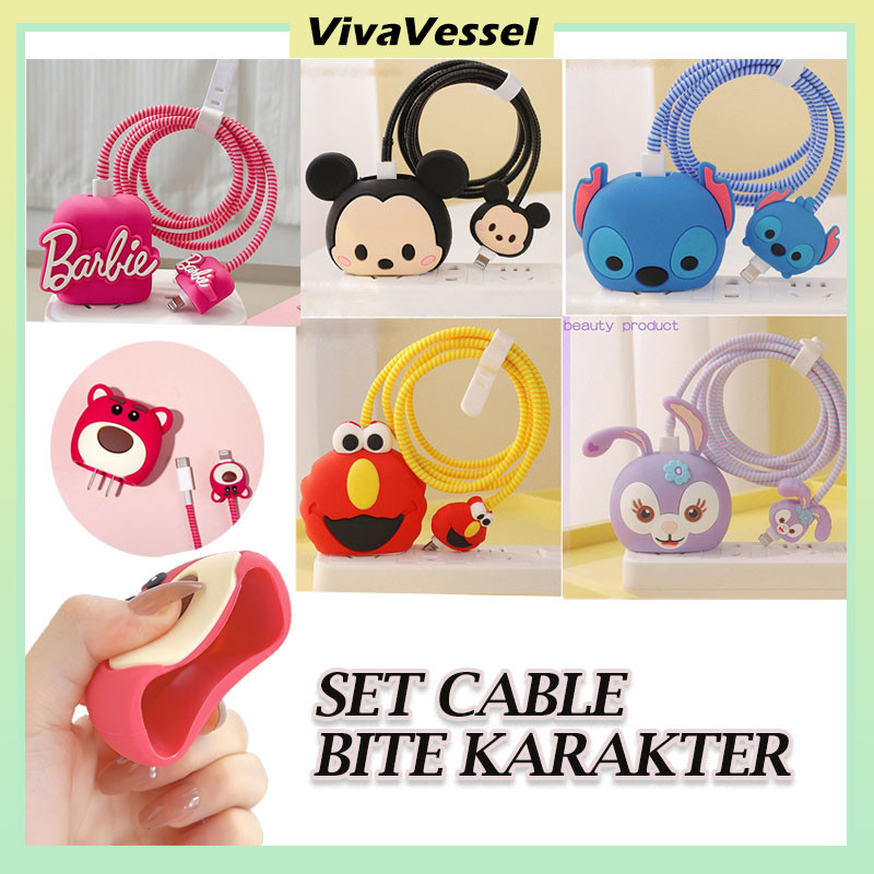 Set Cable Bite Karakter/Charging Head Cable Bite Protector Cover/Set Pelindung Kabel Charger Lucu/Se