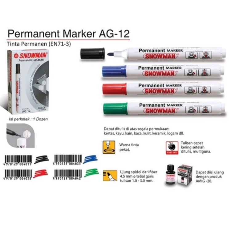 

[PERMANENT] Spidol Snowman Permanent Marker AG 12 / Tinta Permanen AG-12