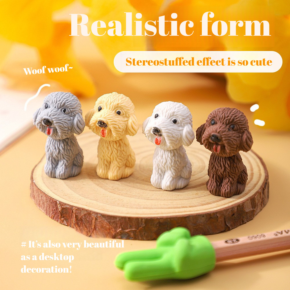 

4Pcs/Lot Cute Teddy Dog Eraser Cartoon Animal Pencil Eraser Kawaii 3D Puppy Rubber Kids Student Stationery School Supplies Gifts