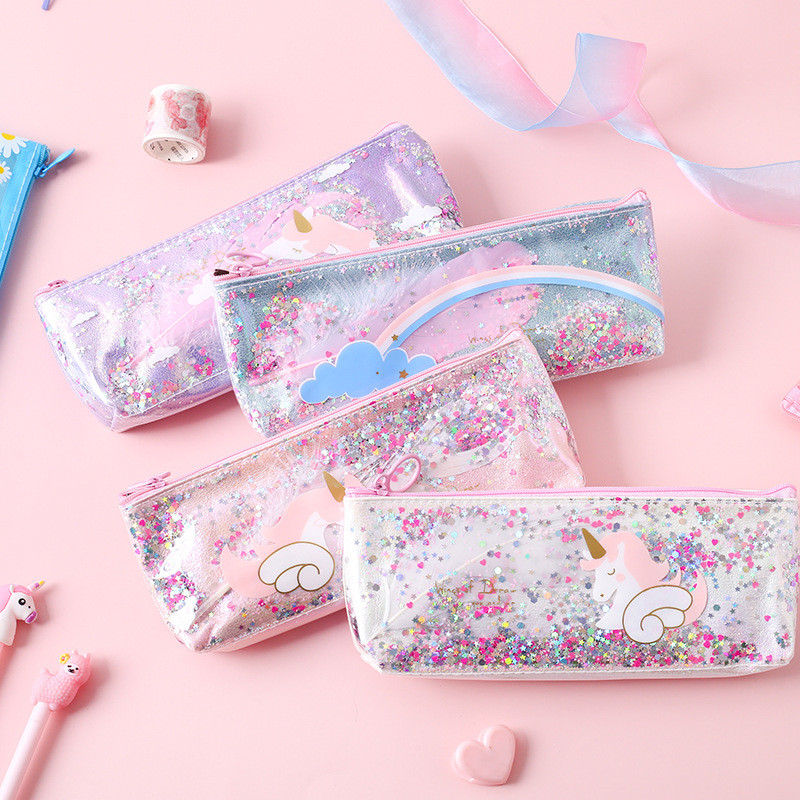 

Kawaii Unicorn flower Sequin large Pen Case Creative PVC Pencil box Cute Pencil Bag For Kids Gift School Supplies Pencilpouch