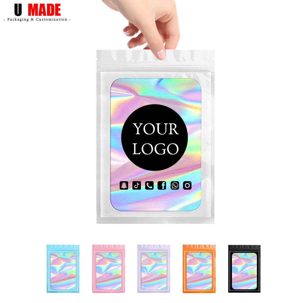 

100pcs Custom Mylar Holographic Bags with Logo Personalized Foil Pouch Ziplock Packaging for Small Business Jewelry Food Storage