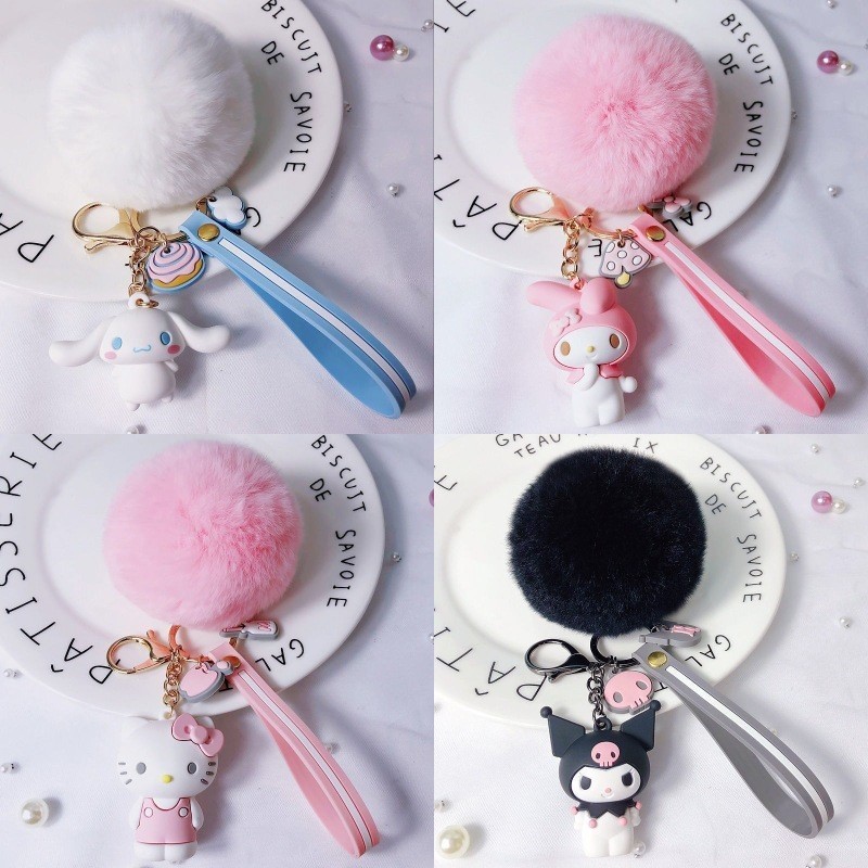 

Sanrio Cartoon Hello Kitty Doll Keychain With Fluffy Fur Ball Cute Melody Kuromi Cinnamoroll Figure Pendant Keyring Childer Gift